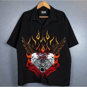 Y2K Vintage Dragonfly Sz XL Skull Flame Collar Button Up 90s Grunge Punk Biker